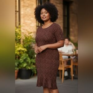 Animal Print Knit Dress Sz XL Maroon Brown Knee-Length Ruffle-Hem Artsy Event